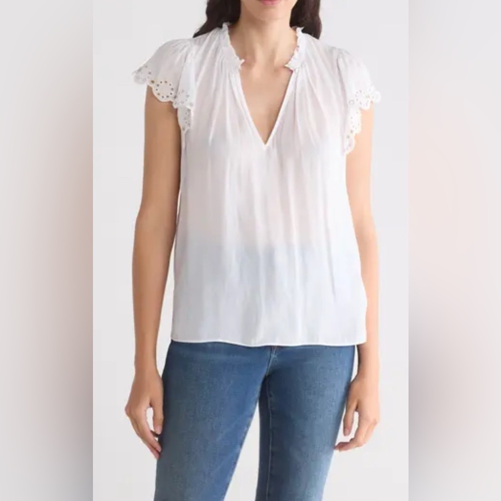 Ramy Brook Hermine Ruffle Trim Eyelet Top‎ Ivory Size M R05241002